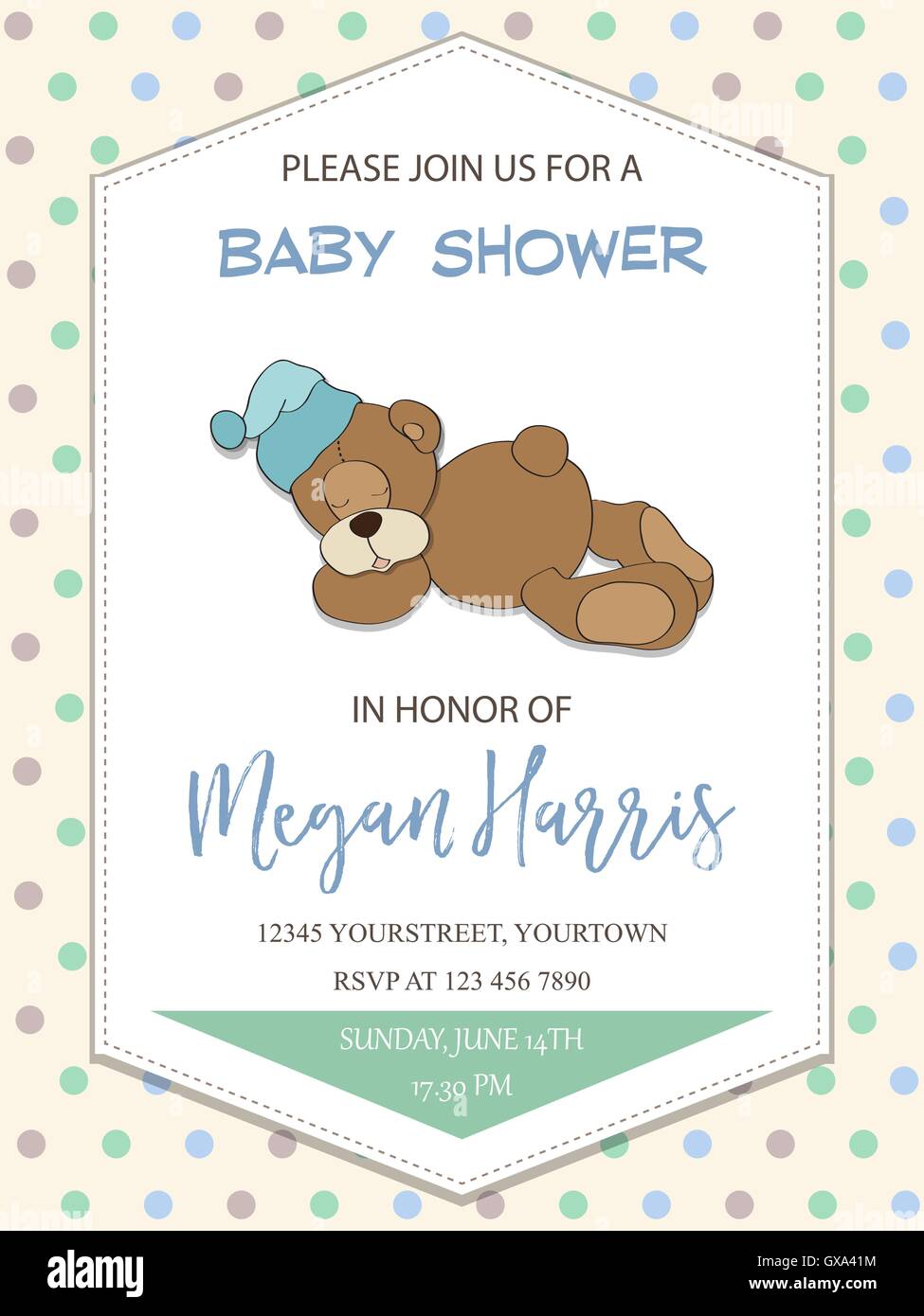 delicate baby boy shower card with little teddy bear, vector format