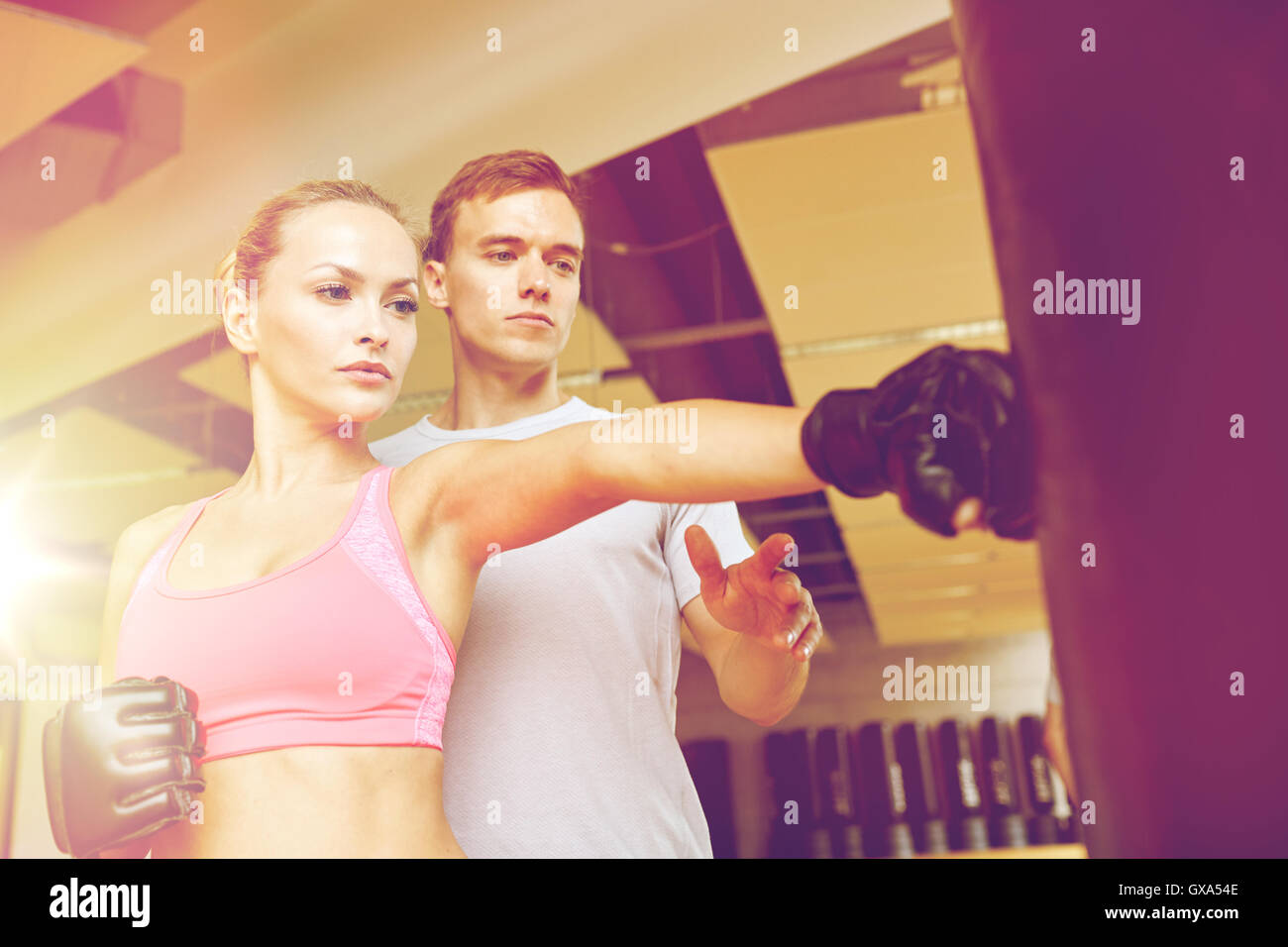 woman with personal trainer boxing in gym Stock Photo Alamy