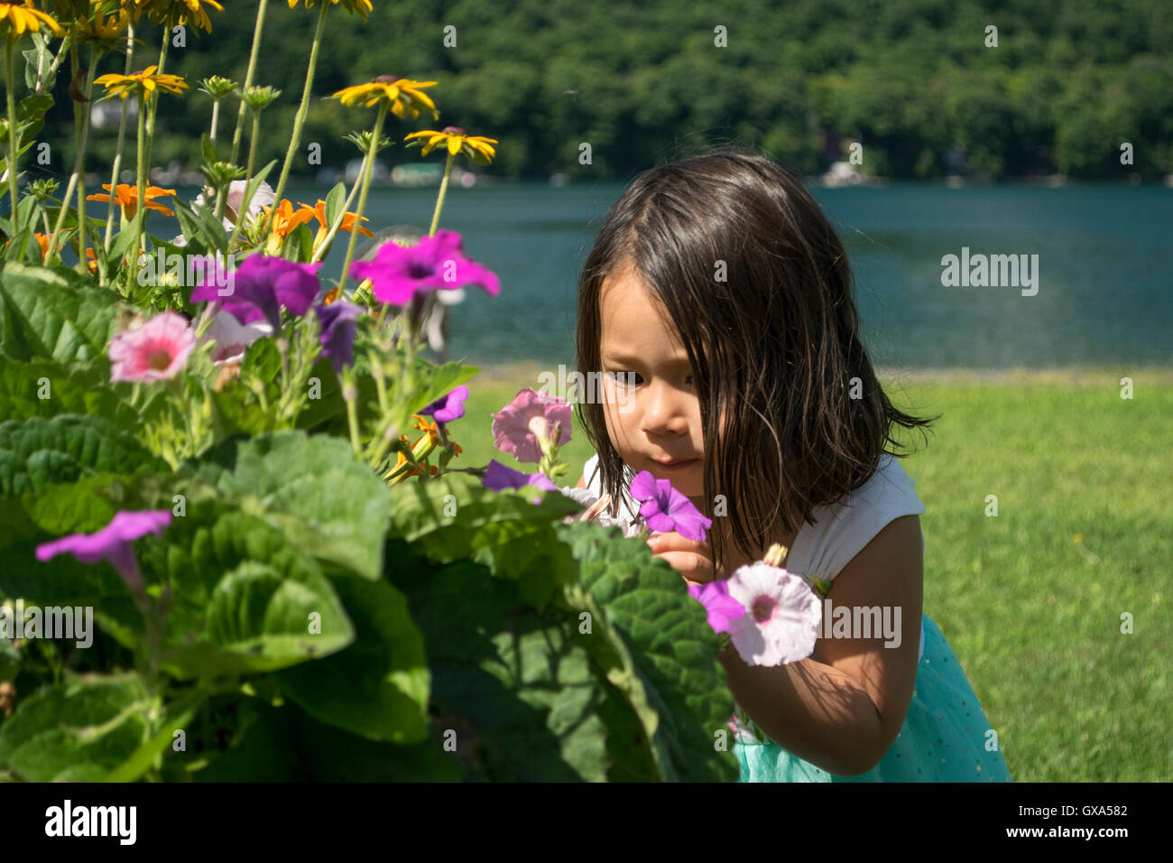 A little girl smelling flowers Stock Photo - Alamy