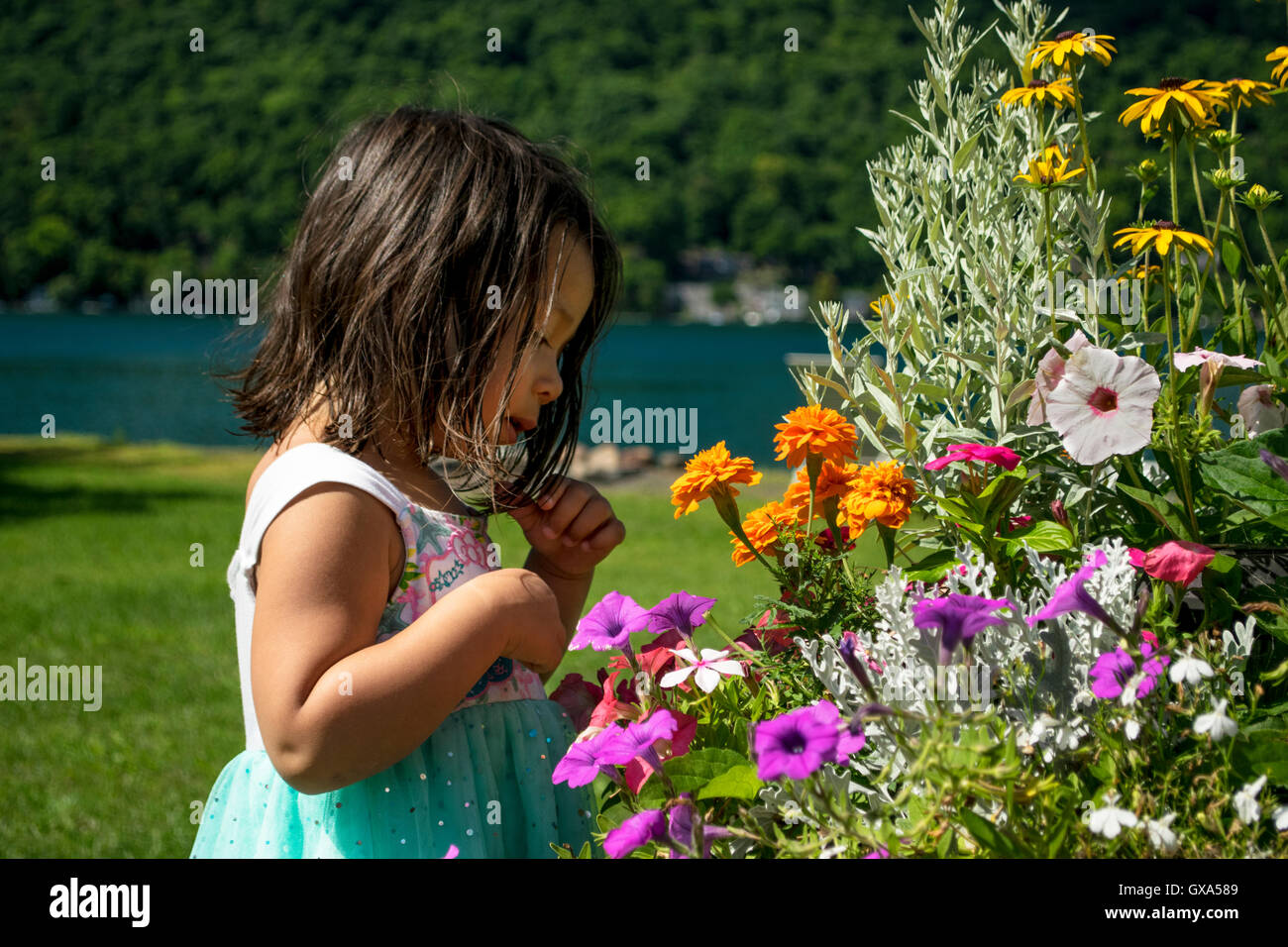 A little girl smelling flowers Stock Photo - Alamy