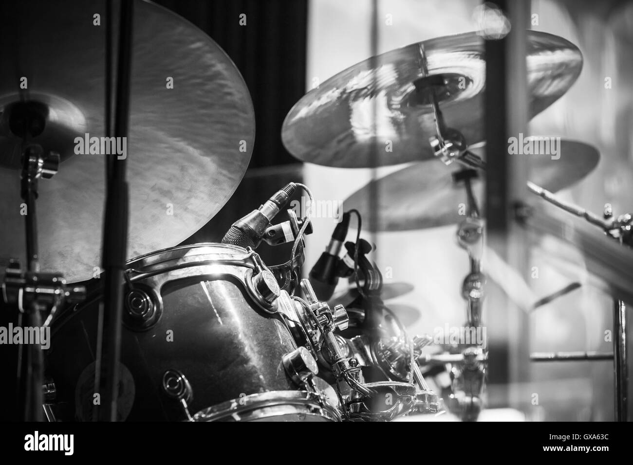 Drum set, black and white rock music background Stock Photo