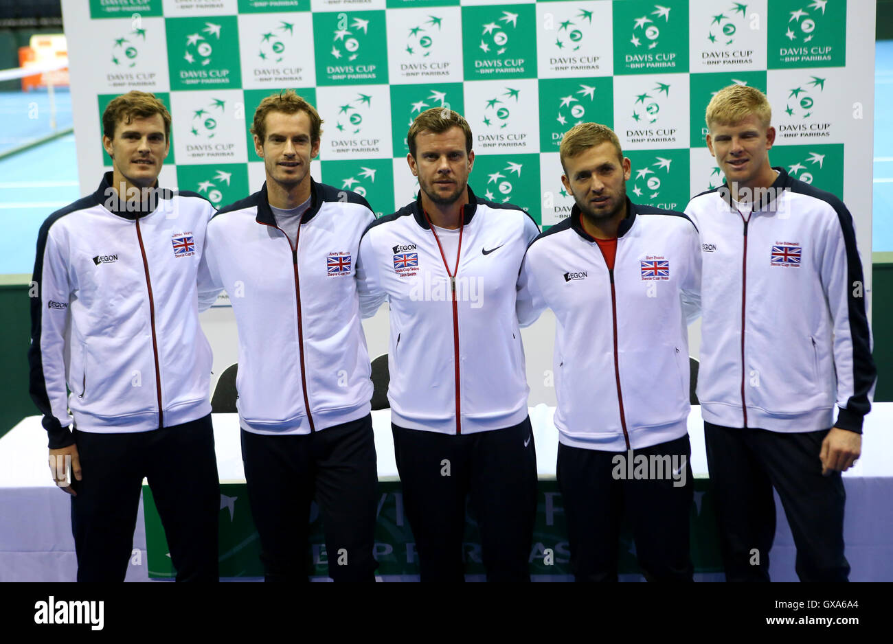 Members of the Great Britain team (left-right) Jamie Murray, Andy Murray, Leon Smith, Dan Evans and Kyle Edmund during the training session at the Emirates Arena, Glasgow. Stock Photo