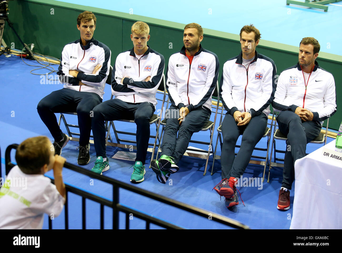 Members of the Great Britain team (left-right) Jamie Murray, Kyle Edmund, Dan Evans, Andy Murray and Leon Smith during the training session at the Emirates Arena, Glasgow. Stock Photo