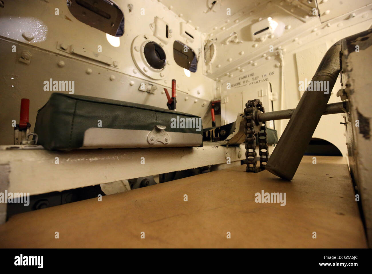 The inside of a replica mark IV World War One tank at the Bovington