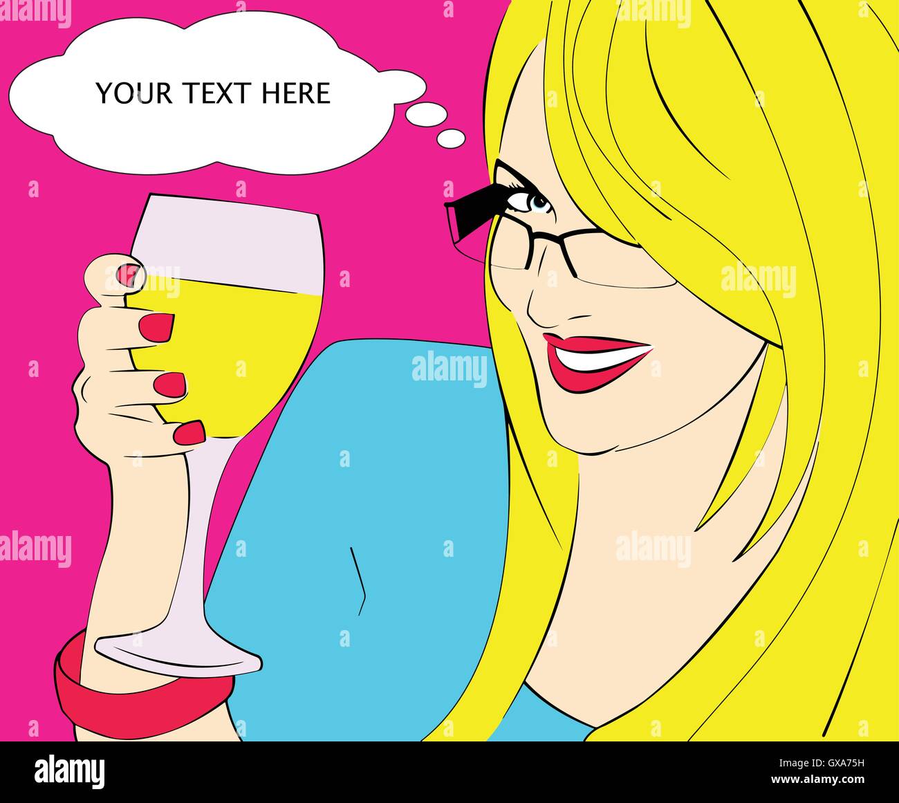 Blond girl wearing glasses drinking wine with speech bubble Stock Vector