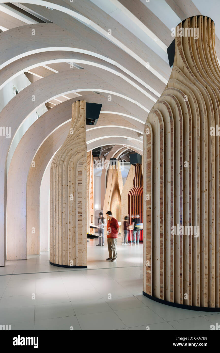 The permanent exhibition invites visitors to discover and experience wine as a universal, living cultural heritage. La cité du vin / The City of Wine, Bordeaux, France. Architect: XTU Architects, 2016. Stock Photo