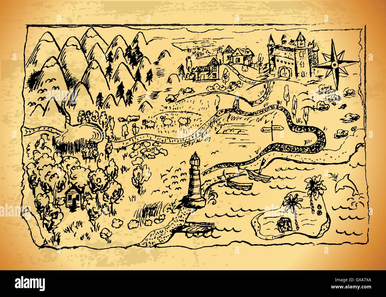 Old style hand drawn a map with landscapes, mountains, forest, sea