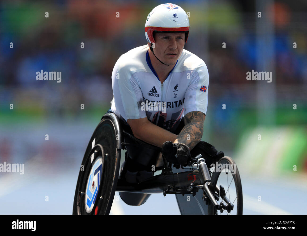 Great Britain's David Weir after finishing in 6th place in the Men's 800m T54 Final at the Olympic Stadium during the Eighth day of the 2016 Rio Paralympic Games in Rio de Janeiro, Brazil. Stock Photo