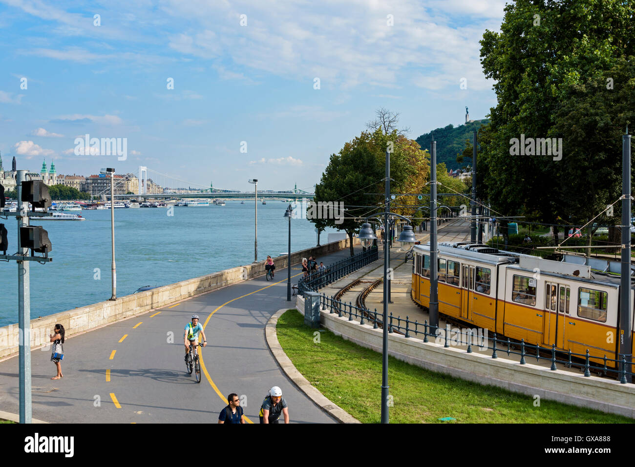 Tram alongside the river Danube. Stock Photo
