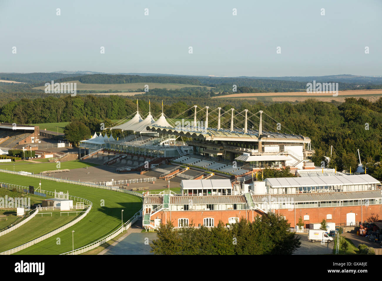 Goodwood racecourse in the South Downs West Sussex. View of the empty grandstands on a summers day. Stock Photo