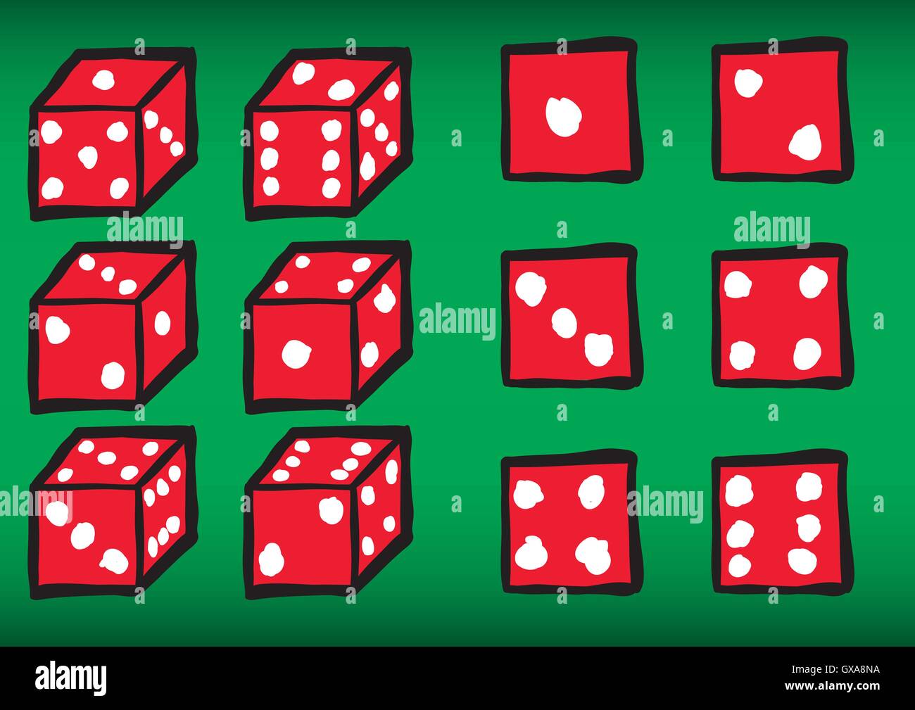 Vector set of hand drawn playing dice. Vector file contains outline and