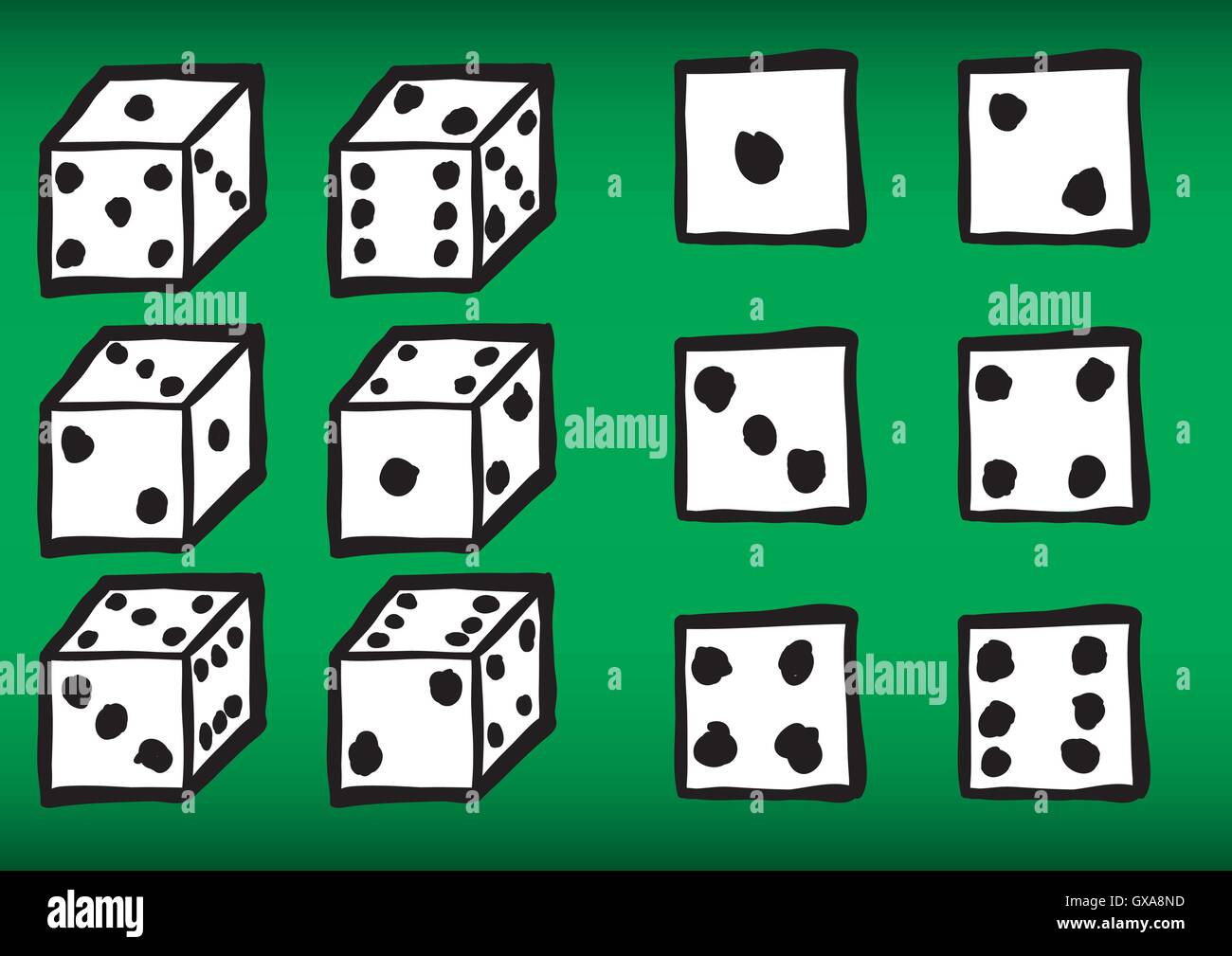 Vector set of hand drawn playing dice. Vector file contains outline and
