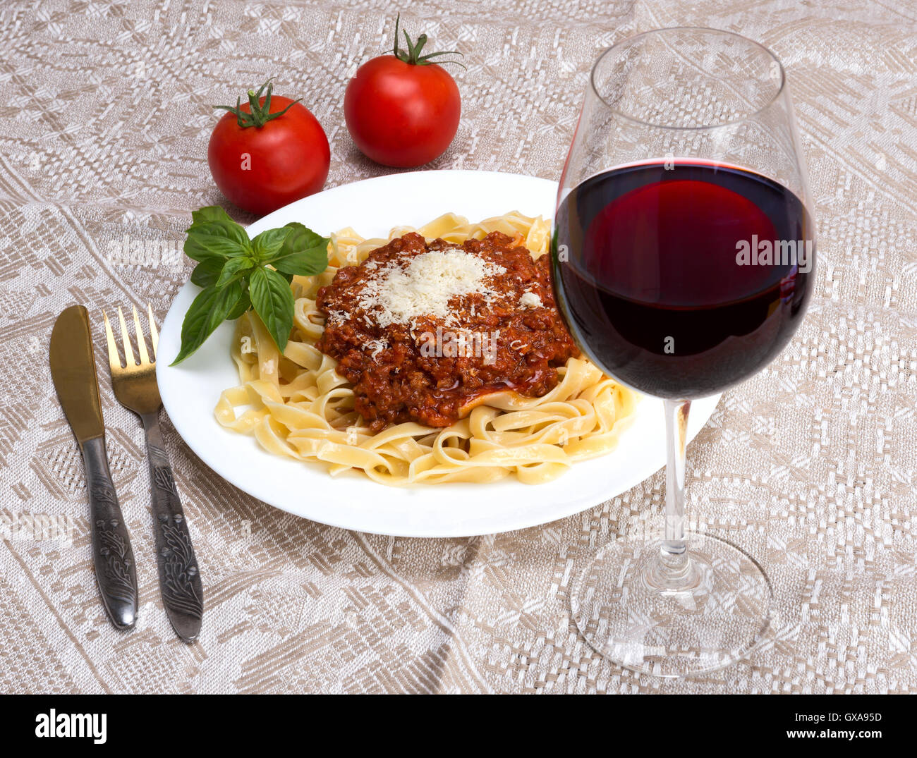 Tagliatelle and ragu Bolognese Traditional Italian pasta, served with