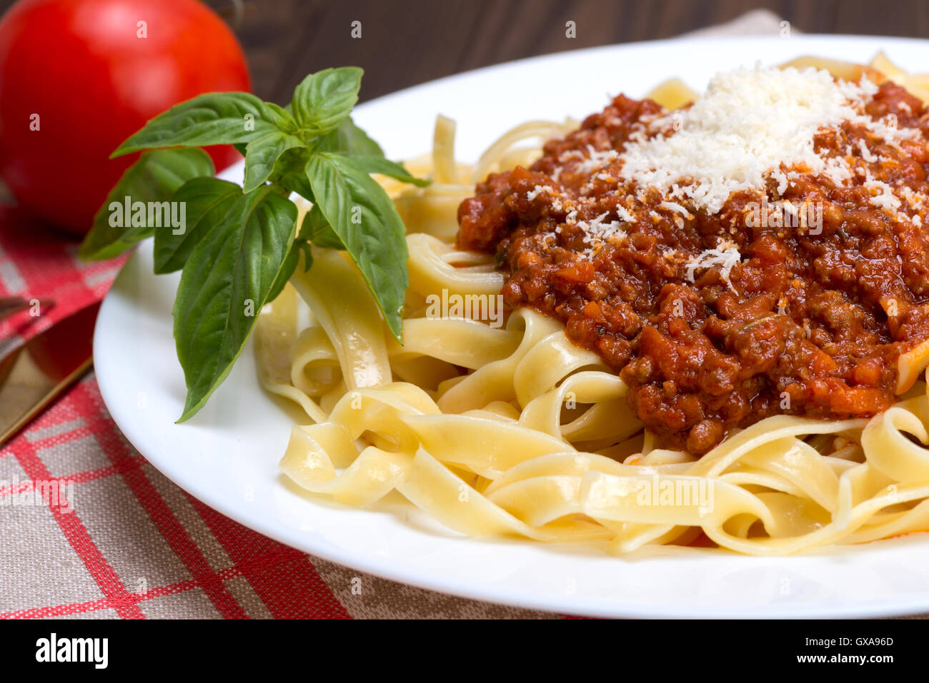 Tagliatelle and ragu Bolognese Traditional Italian pasta, served with