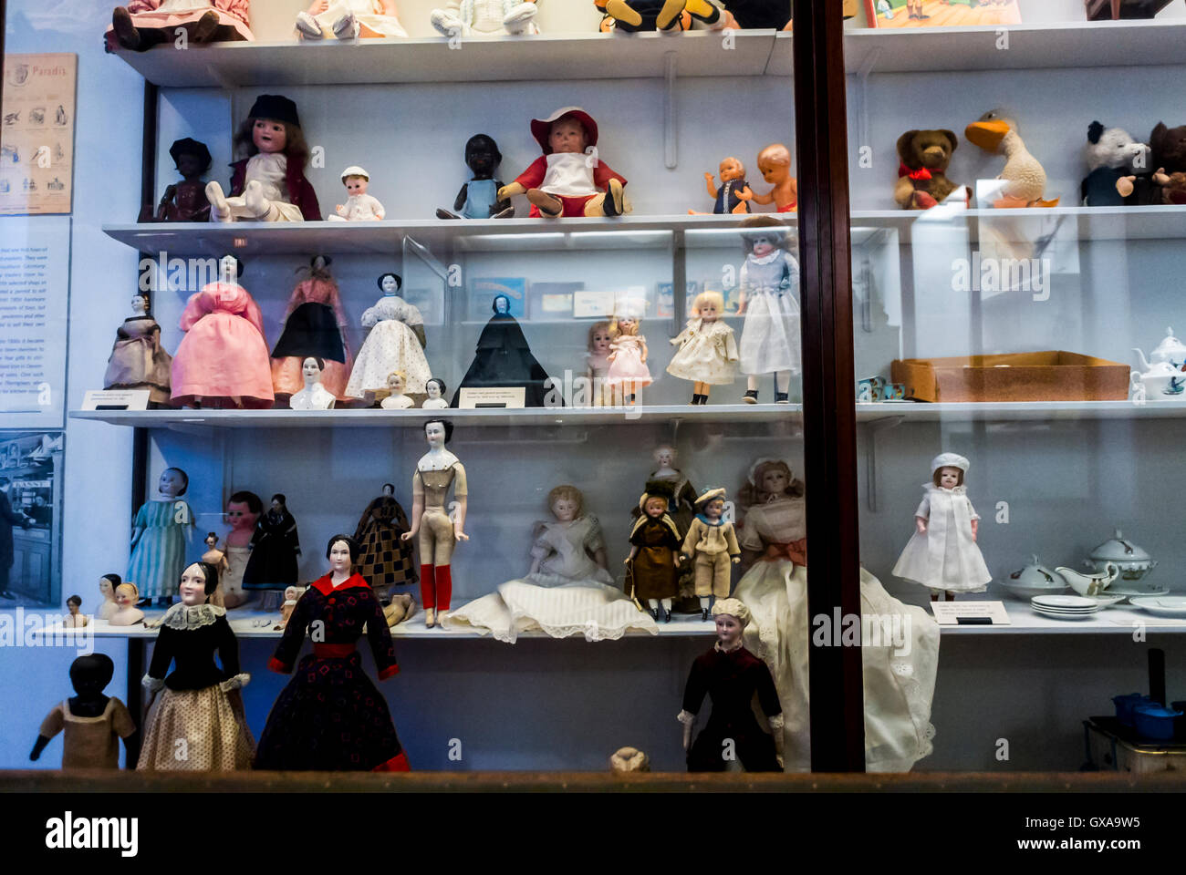 Copenhagen, Denmark, inside, the National Museum Nationalmuseet Antique Dolls Collection on display on Shelves Stock Photo