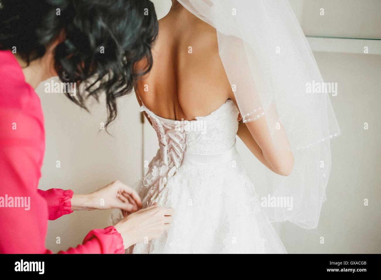 Bridesmaid ties a wedding dress to the bride. Stock Photo
