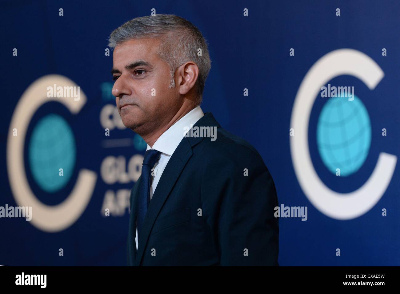 London Mayor Sadiq Khan makes a keynote speech to the Chicago Council for Global Affairs about social integration. The mayor is in Chicago to meet his counterpart, Rahm Emanuel, and is part of a five day visit to the United States. Stock Photo