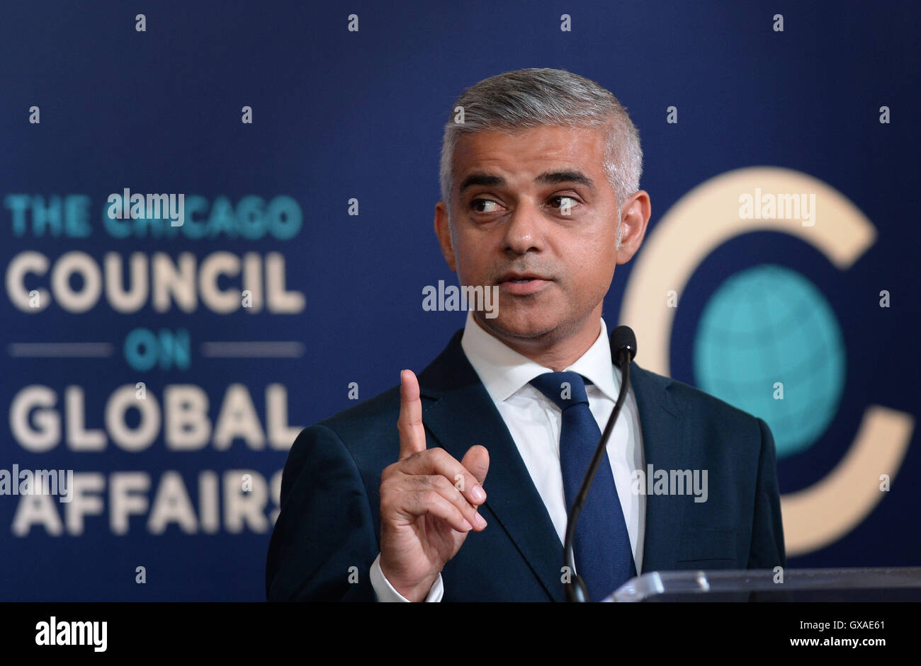 London Mayor Sadiq Khan makes a keynote speech to the Chicago Council for Global Affairs about social integration. The mayor is in Chicago to meet his counterpart, Rahm Emanuel, and is part of a five day visit to the United States. Stock Photo