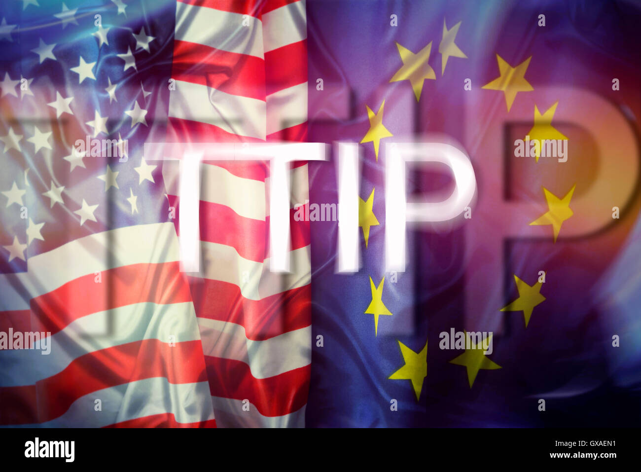 Fahnen von USA und EU mit TTIP-Schriftzug Stock Photo