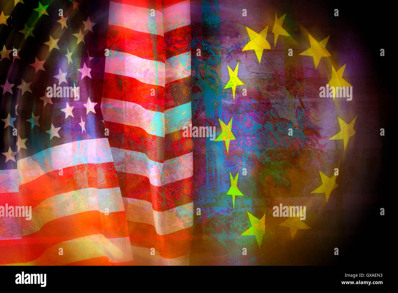 Fahnen von USA und EU, Symbolfoto TTIP Freihandelsabkommen Stock Photo
