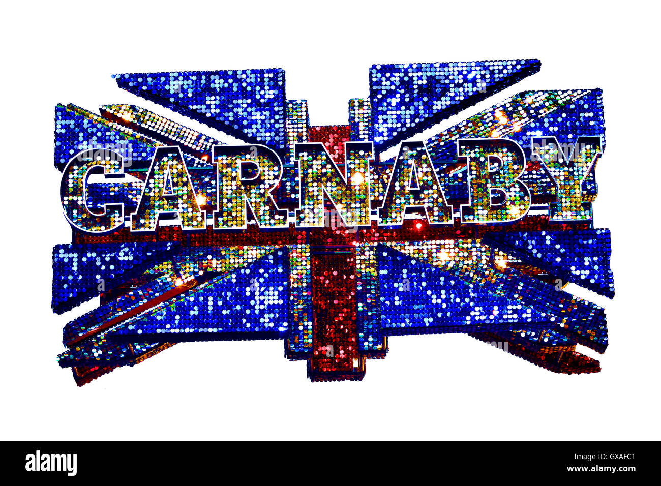 London, England, UK. Carnaby Street 3D sign in the form of a sparkling Union Jack flag [digitally cut out] Stock Photo