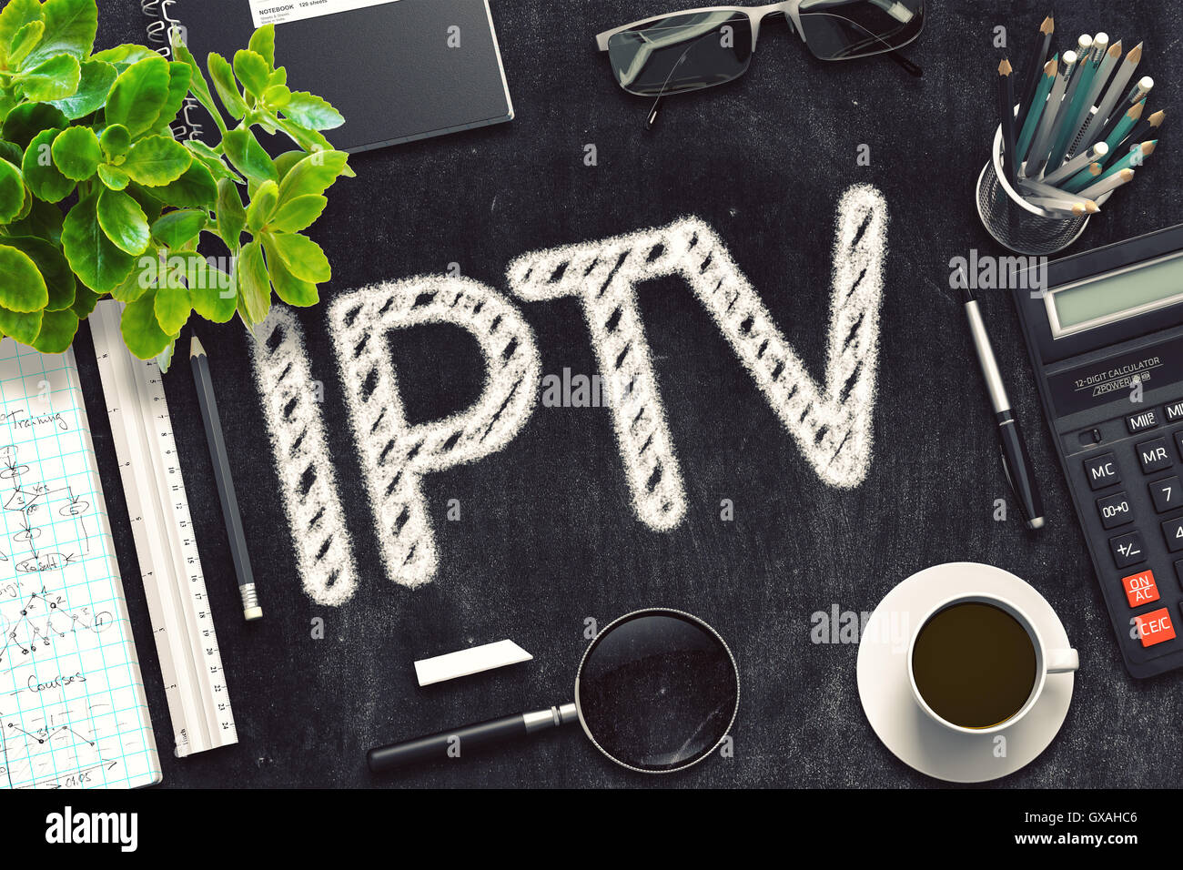 IPTV - Text on Black Chalkboard. 3D Rendering. Stock Photo