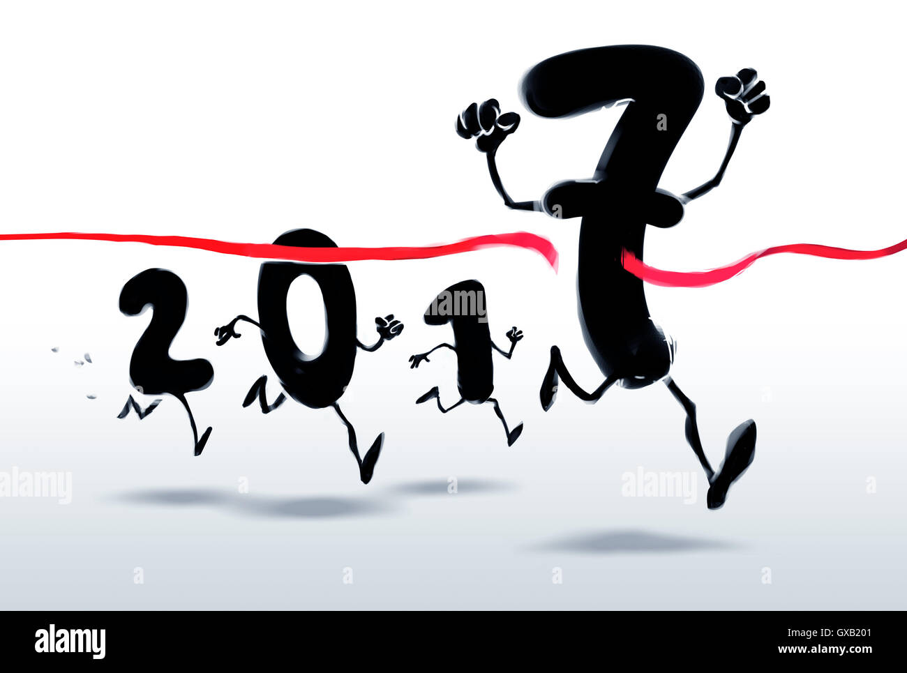 2017 New Year characters crossing the finish line Stock Photo