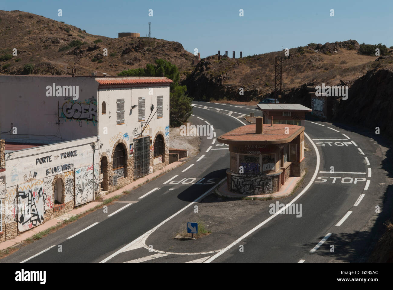 Frontier customs buildings between Portbou Spain and Cerbere in France. Looking from France towards Spain 2016 HOMER SYKES Stock Photo