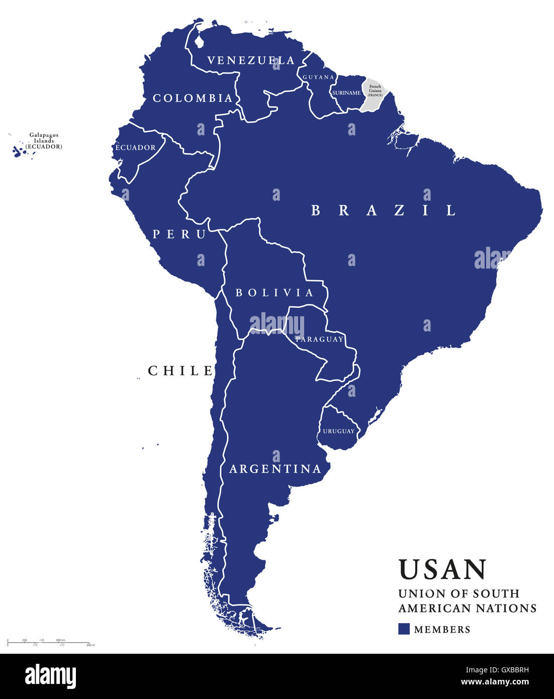 USAN, Union of South American Nations map, an intergovernmental regional organization comprising twelve South American countries Stock Photo