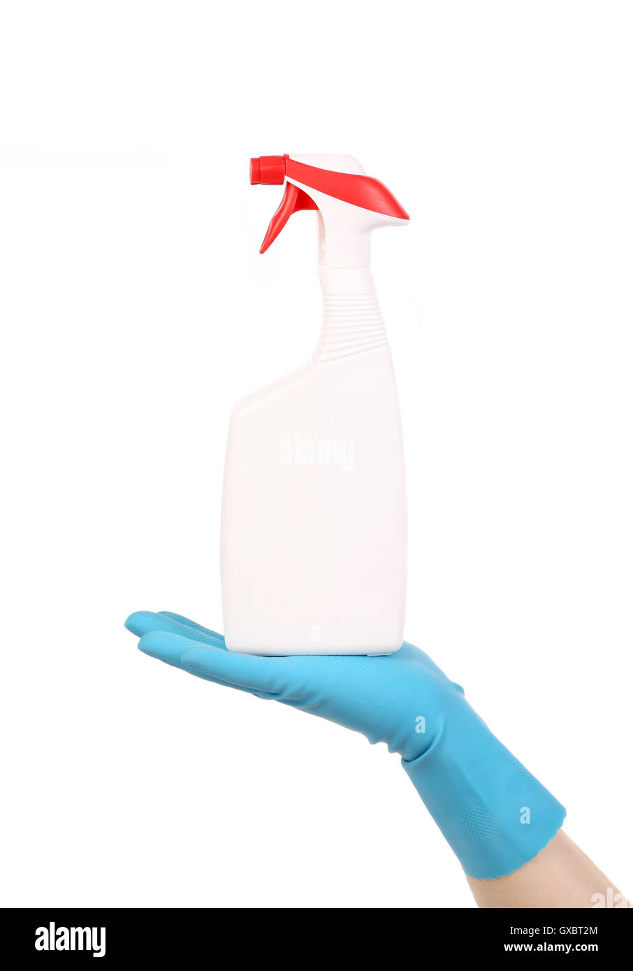 Hand in glove holding white plastic spray bottle Stock Photo Alamy