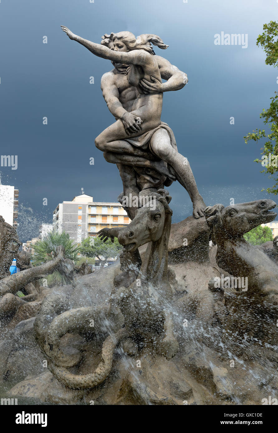 Fountain with mythological sculptures of Prosperina in Catania, Sicily, Italy Stock Photo