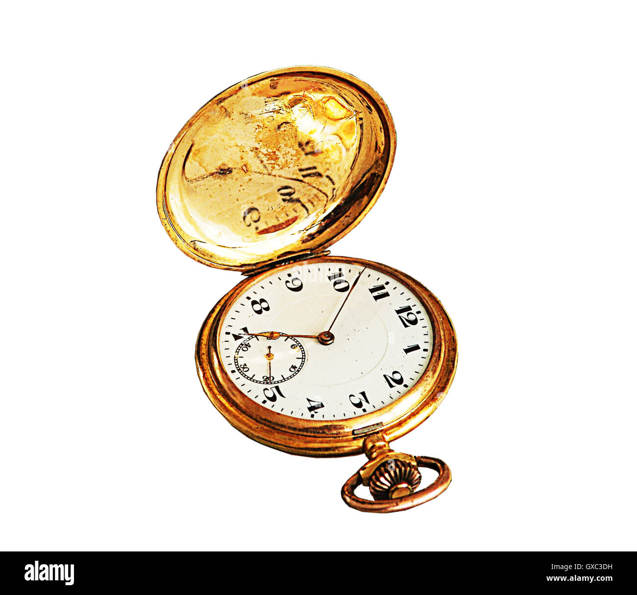 Vintage golden pocket watch worn and used with opened cover isolated on white Stock Photo Alamy