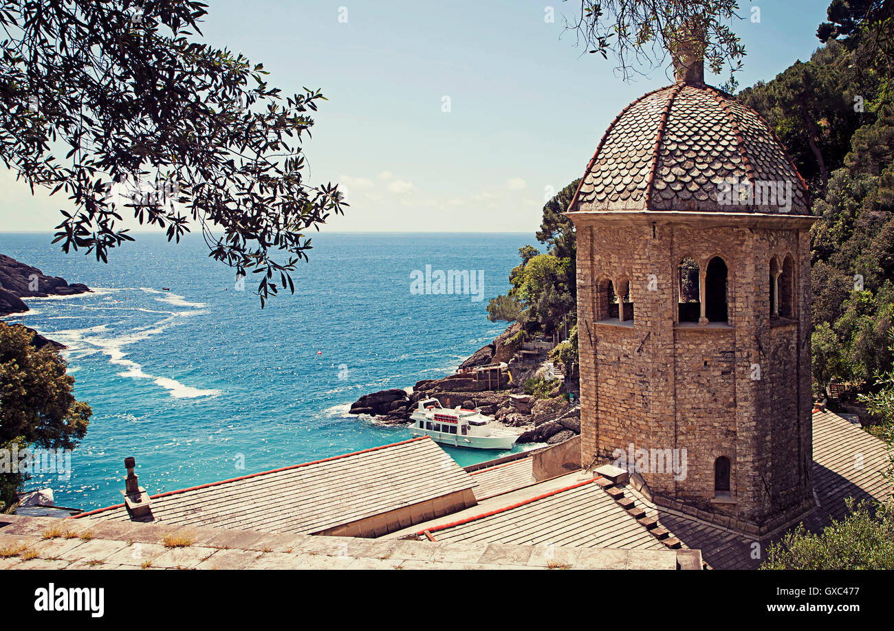 Italy, panoramic view of San Fruttuoso bay on the Ligurian sea from the medieval monastery Stock Photo