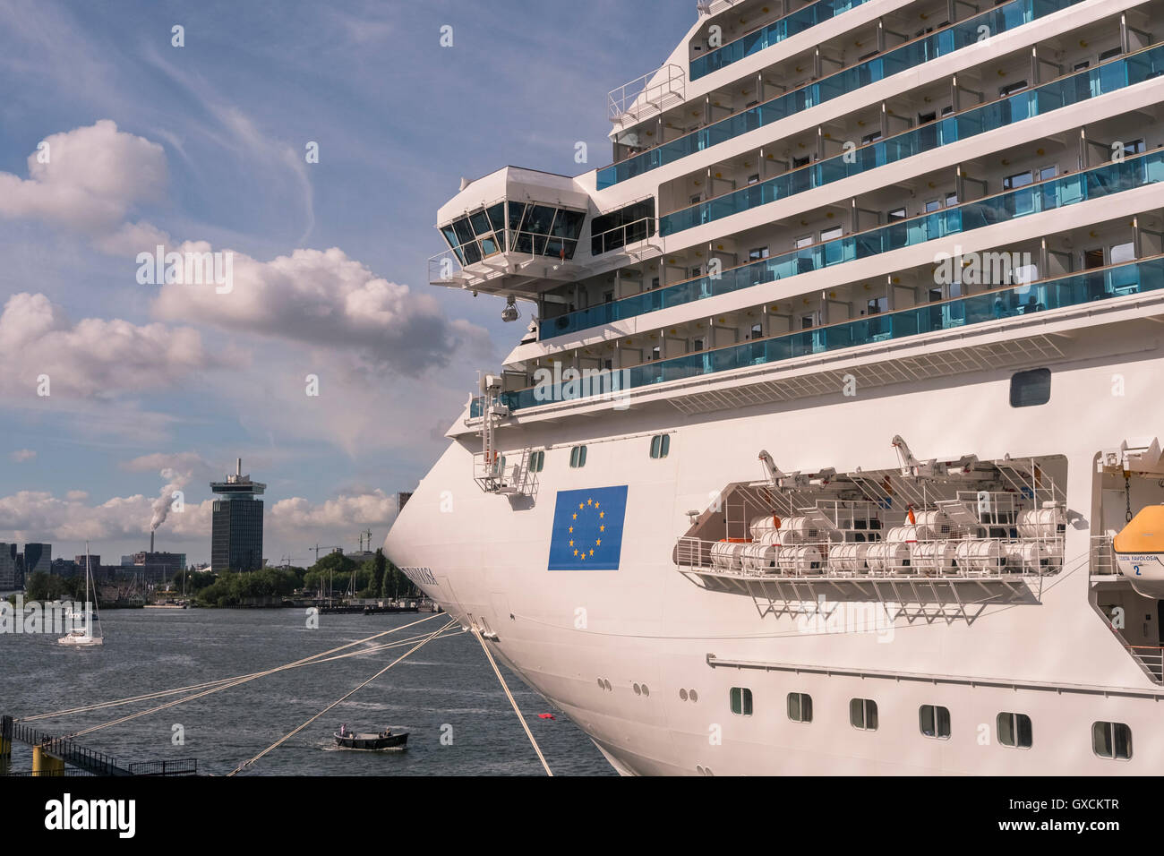 A large modern tourism cruise ship moored at the Passenger Terminal, Amsterdam, Netherlands. Stock Photo