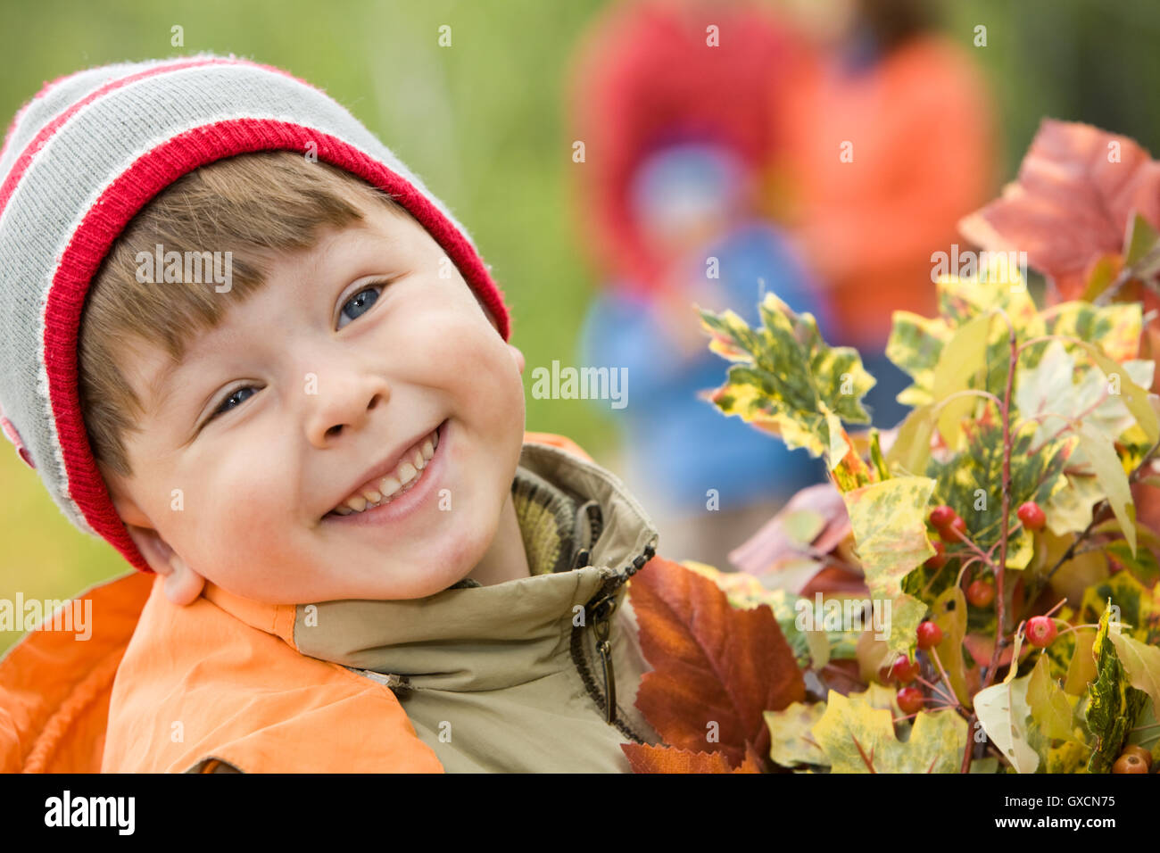 Smiling boy with autumn leaves Stock Photo - Alamy