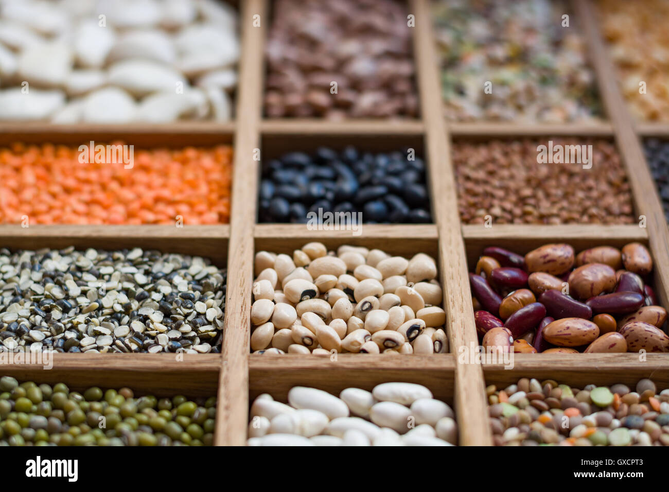 Collection assorted of lentils, beans, peas, grain, groats, soybeans