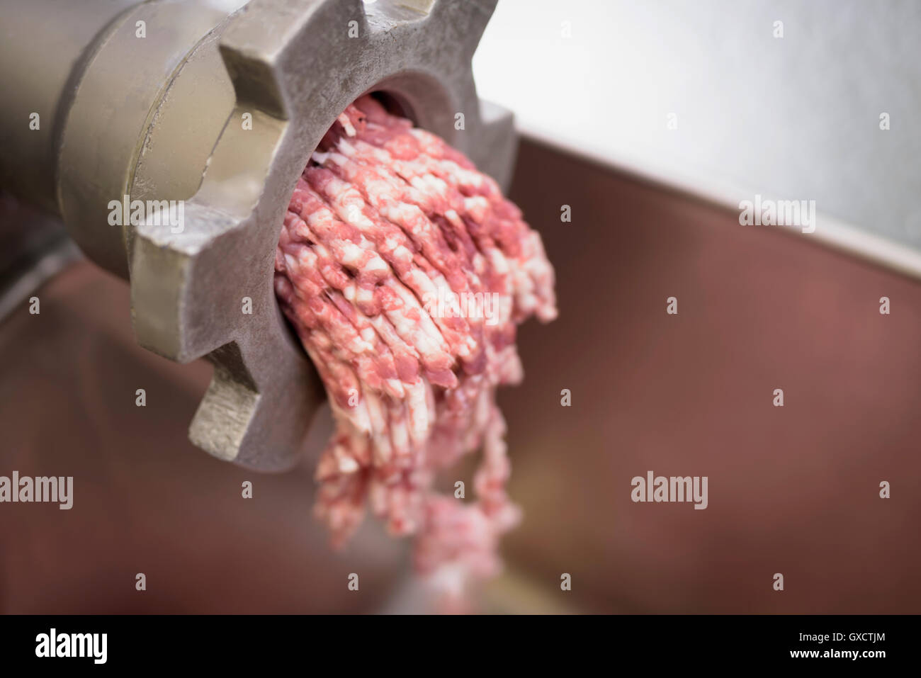 Minced sausage meat for Italian sausages in sausage factory, close up Stock Photo