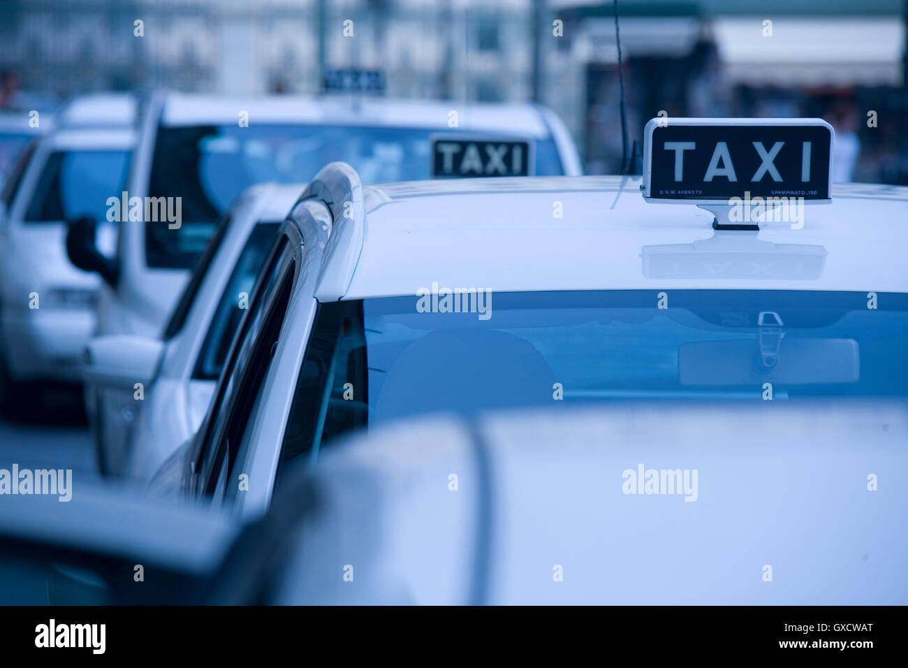 Taxis in queue, Piedmont, Turin, Italy Stock Photo