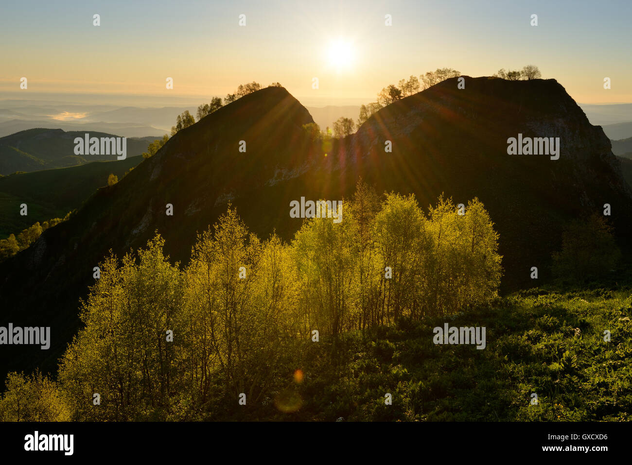 Silhouetted view at dusk,  Bolshoy Thach (Big Thach) Nature Park, Caucasian Mountains, Republic of Adygea, Russia Stock Photo