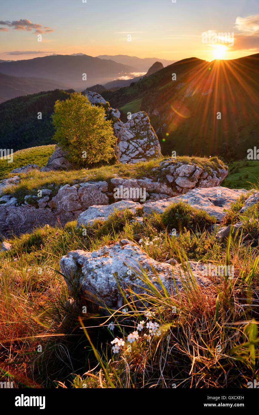 Landscape with rocks at sunset, Bolshoy Thach (Big Thach) Nature Park, Caucasian Mountains, Republic of Adygea, Russia Stock Photo