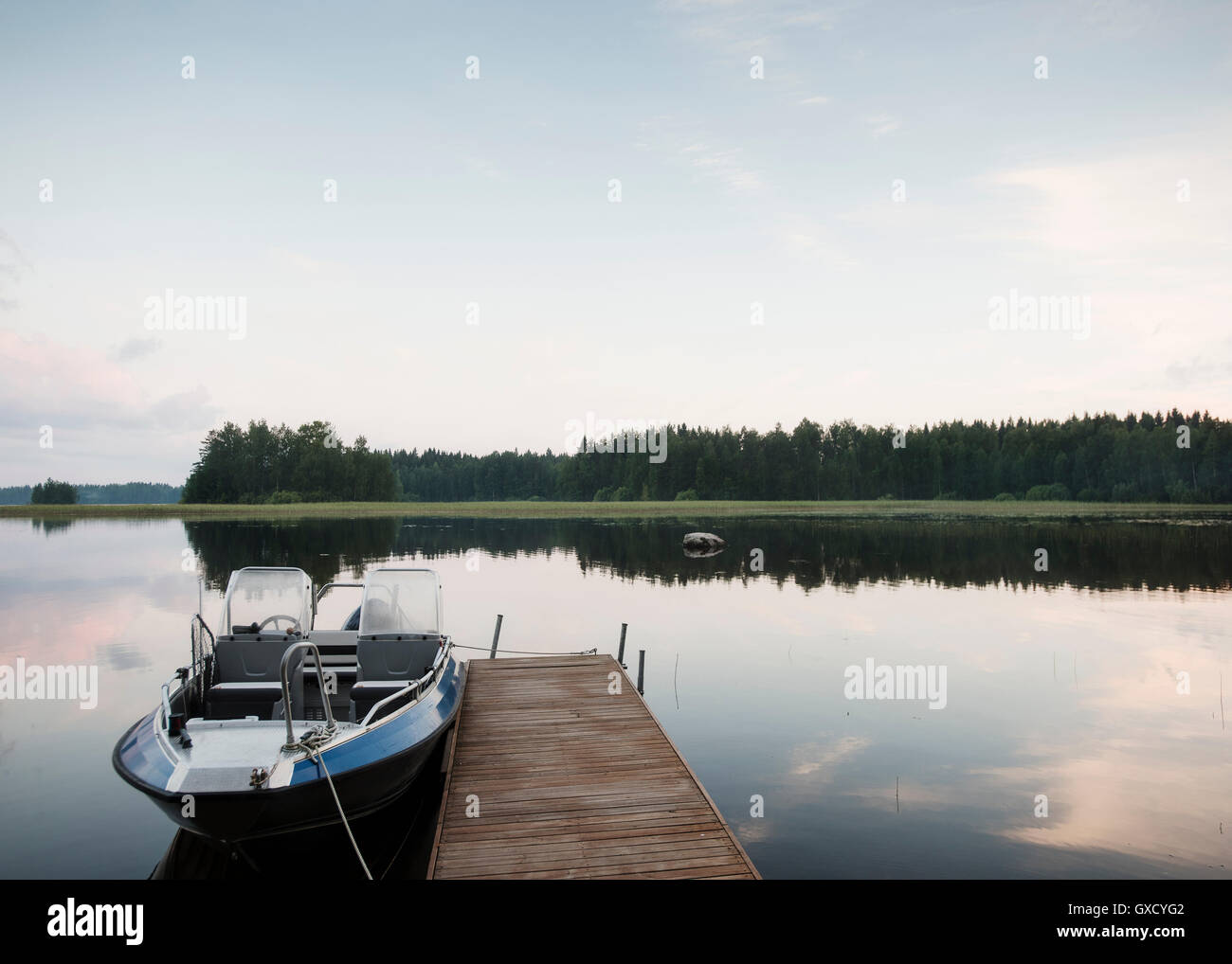 View of pier and lake mid summer, Orivesi, Finland Stock Photo