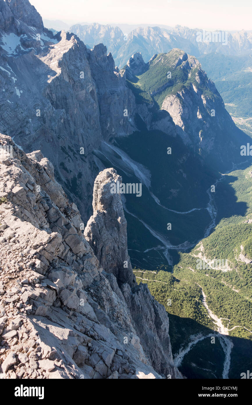 High angle view from Busazza down to Torre Trieste Torre Trieste, Italian Alps, Alleghe, Belluno, Italy Stock Photo