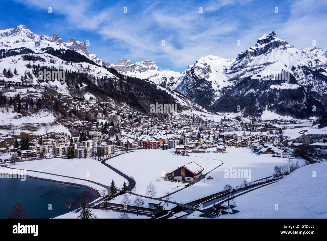 Snow covered mountain valley, Engelberg, Mount Titlis, Switzerland Stock Photo