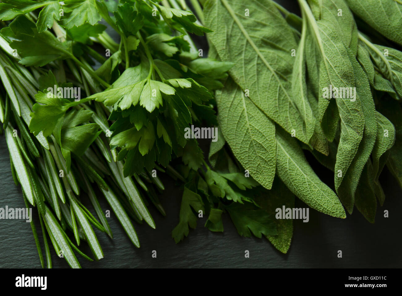 Rosemary, Sage and parsley on slate Stock Photo