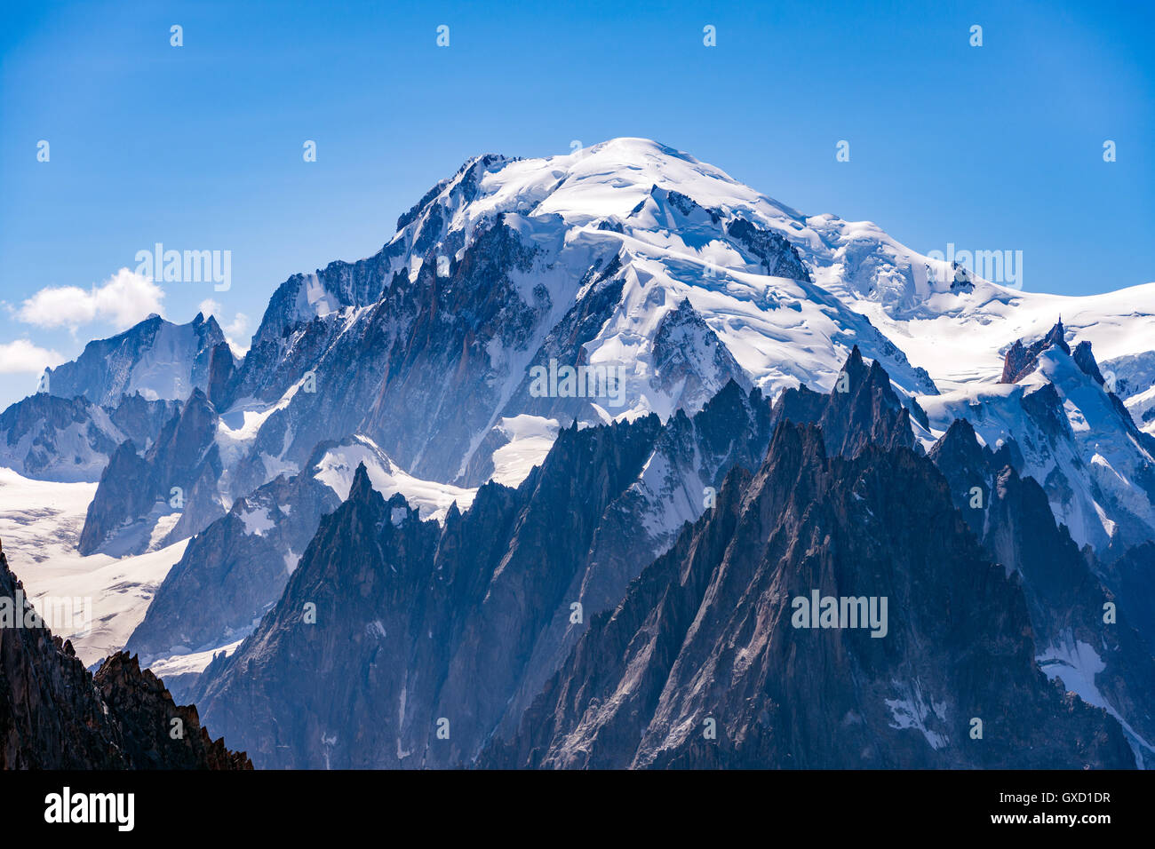 Mont Blanc, highest in Europe, towering above the Chamonix Aiguilles Stock Photo