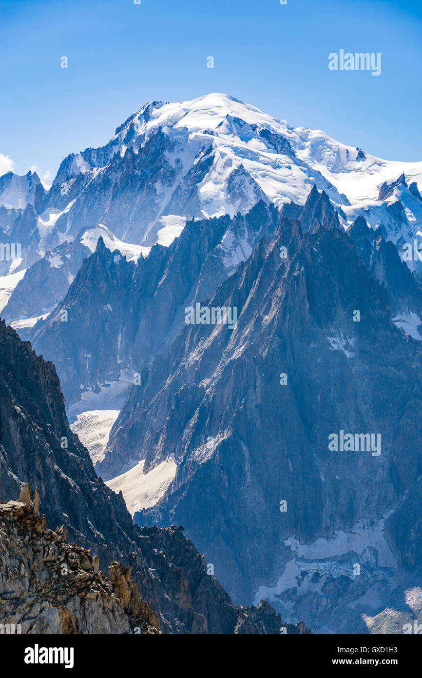Mont Blanc, highest in Europe, towering above the Chamonix Aiguilles Stock Photo