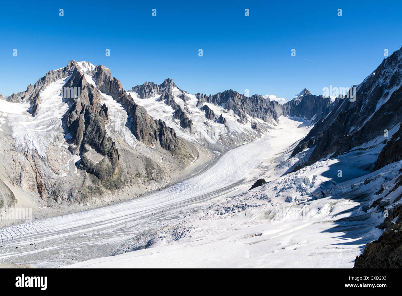 Argentiere glacier, Aig. Chardonnet, Col du Chardonnet, and Aig. Argentiere from Grand Montets Stock Photo