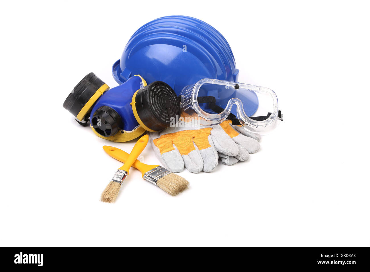 Blue safety helmet with respirator and goggles Stock Photo Alamy