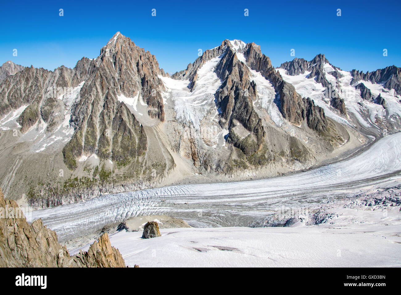 Argentiere glacier, Aig. Chardonnet, Col du Chardonnet, and Aig. Argentiere from Grand Montets Stock Photo