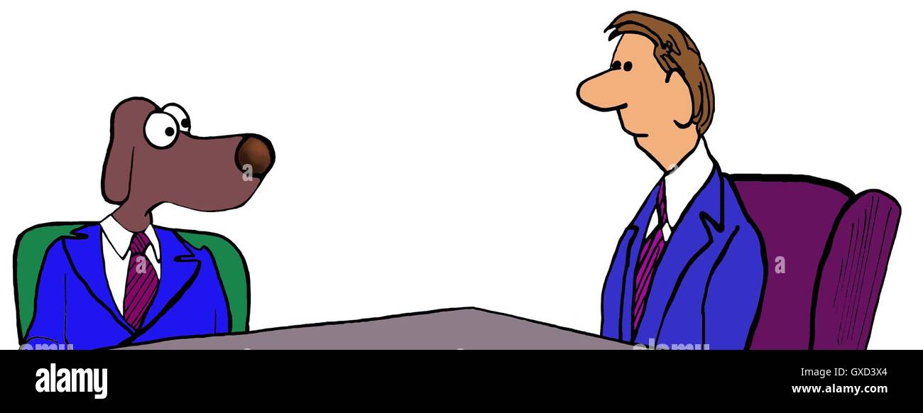 Color illustration of a business dog and a businessman in a meeting. Stock Photo